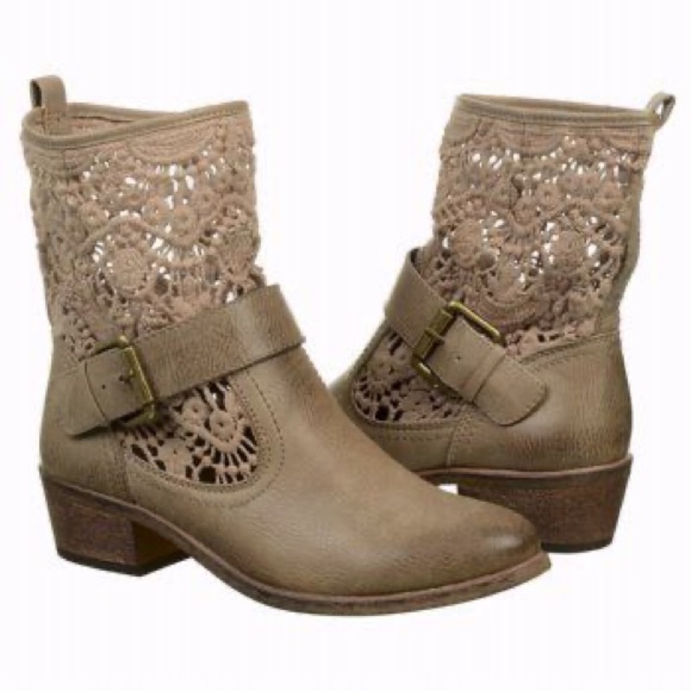 BareTraps Palena Slouchy Lace Cowboy Boots in Distressed Taupe with Wood Heel